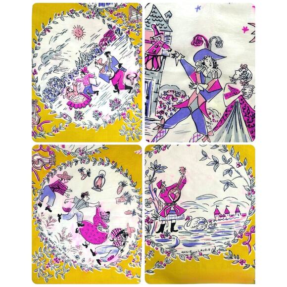 Vintage 1950s Silk Folk Song Scarf – 9 Scenes, Hand Rolled Yellow Hot Pink Print - Picture 5 of 6